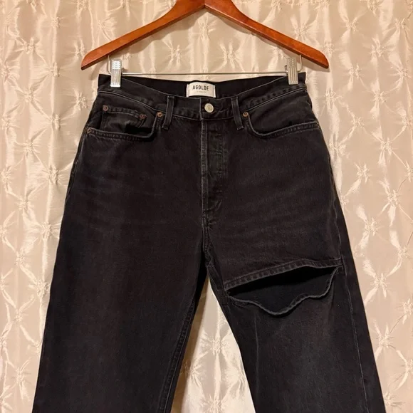 AGOLDE Lana Slice Mid-rise Straight-leg Jeans Distressed Black Gray Leg Hole - Picture 8 of 16